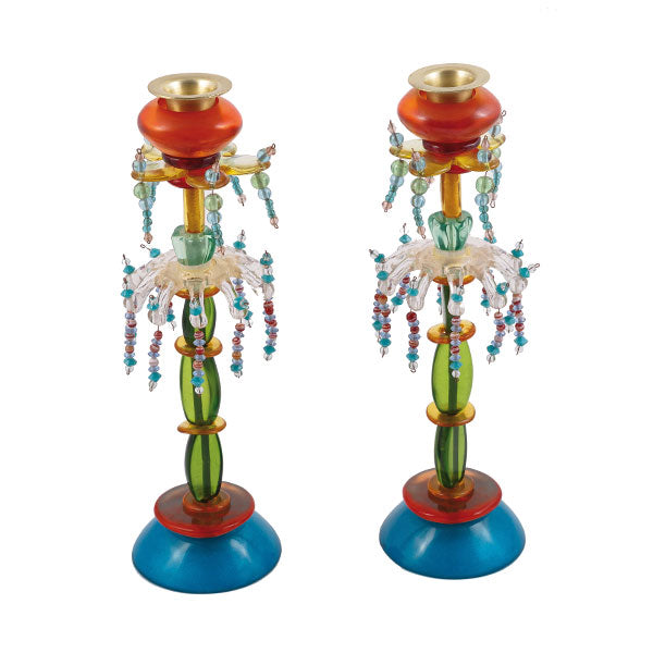 Beaded Resin Shabbat Candlesticks, Turquoise and Orange