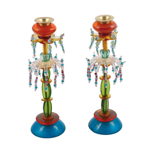 Beaded Resin Shabbat Candlesticks, Turquoise and Orange
