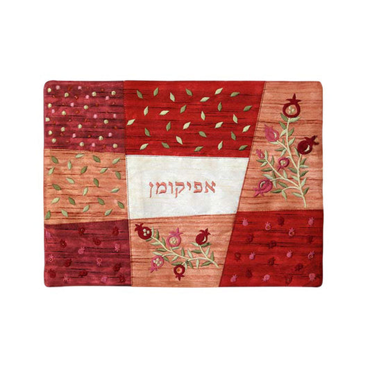 Appliqued and Embroidered Fabric Afikoman Cover, Red Patchwork