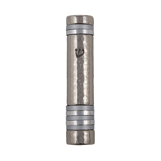 Hammered Metal Mezuzah, Silver Rings, 5.5"