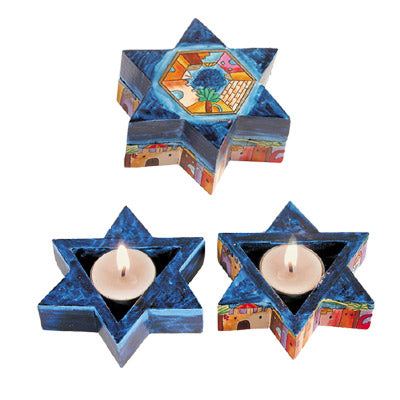Hand Painted Wood Star of David Travel Candlesticks, Jerusalem