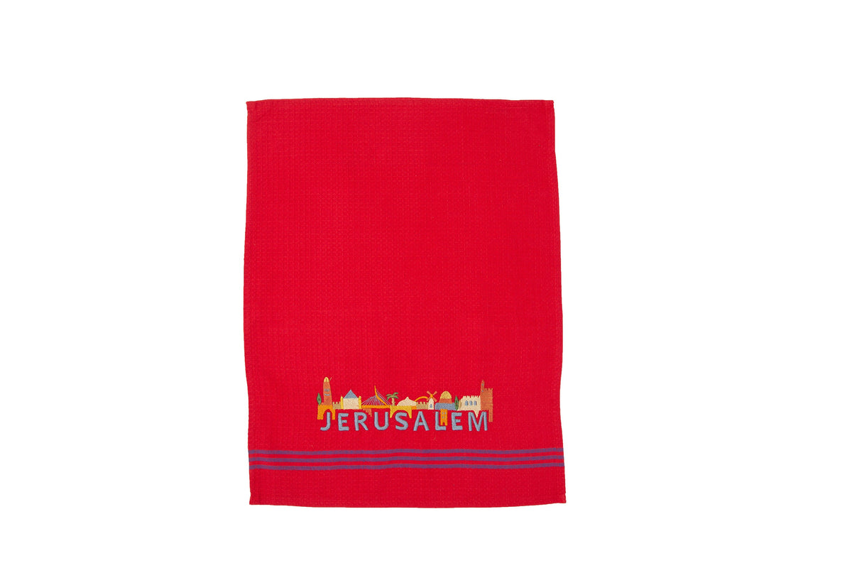Embroidered Cotton Dish Towel, Jerusalem Skyline, Red