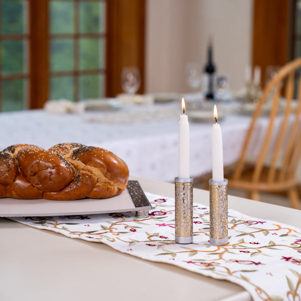 Cylinder Aluminum Candlesticks, Brass Cutout Pomegranate