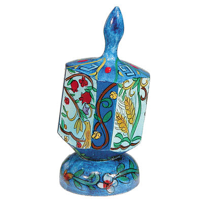 Hand Painted Wood Dreidel with Stand, Seven Species